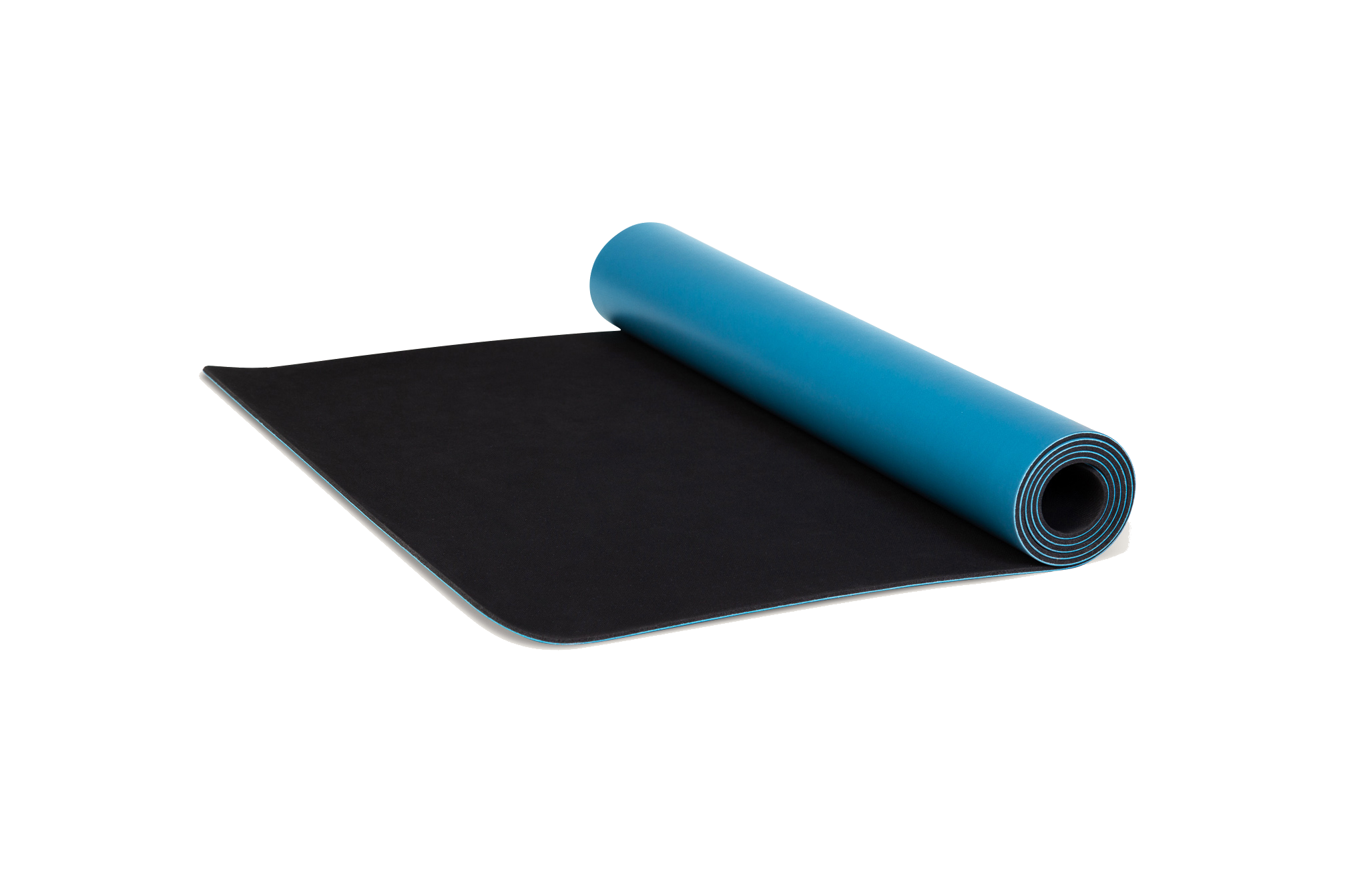 Eco-friendly blue yoga mat unrolling made from natural tree rubber.