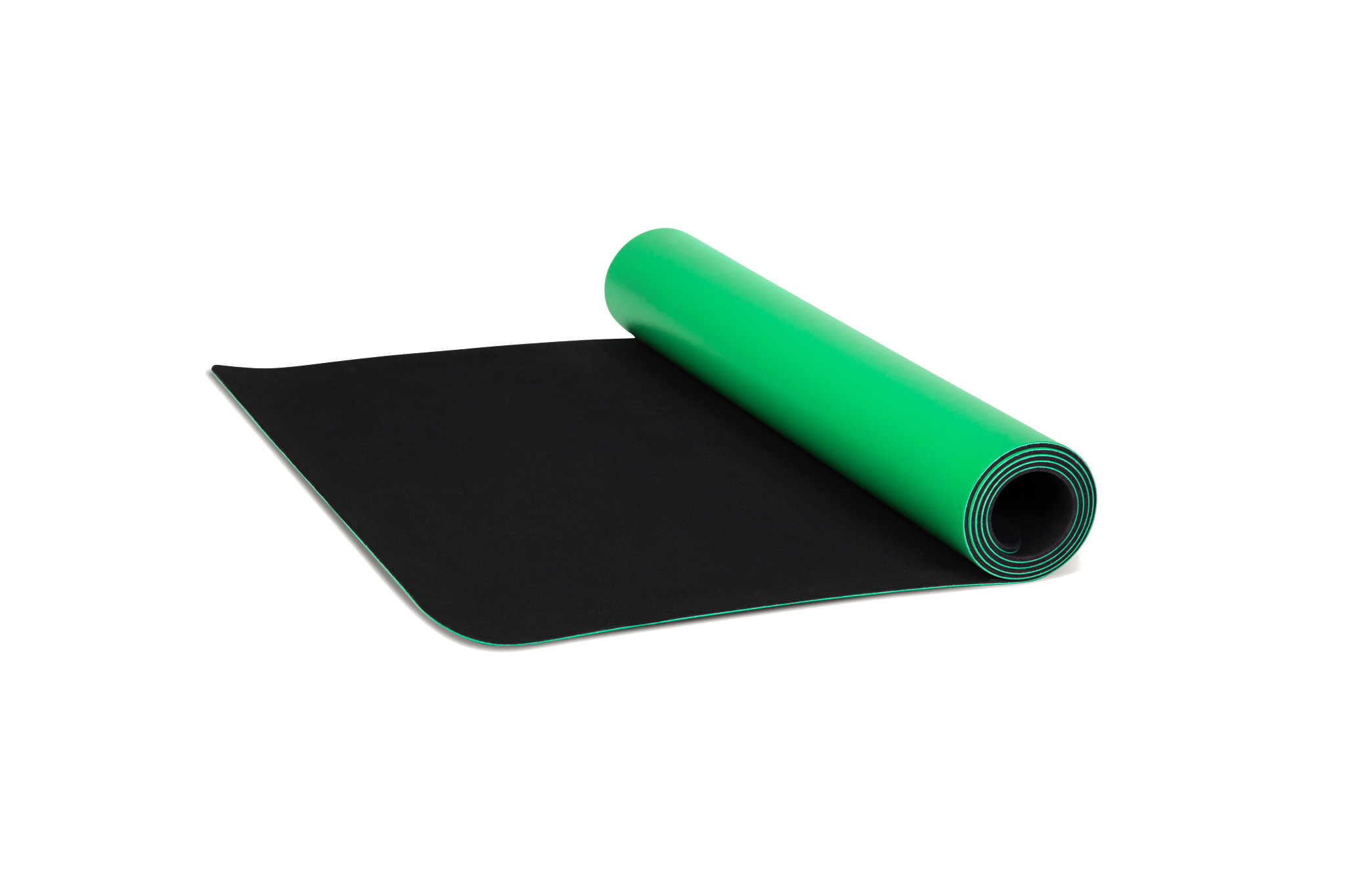 Eco-friendly green yoga mat unrolling made from natural tree rubber.